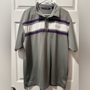 Travis Mathew Gray Polo with Purple and White Stripes